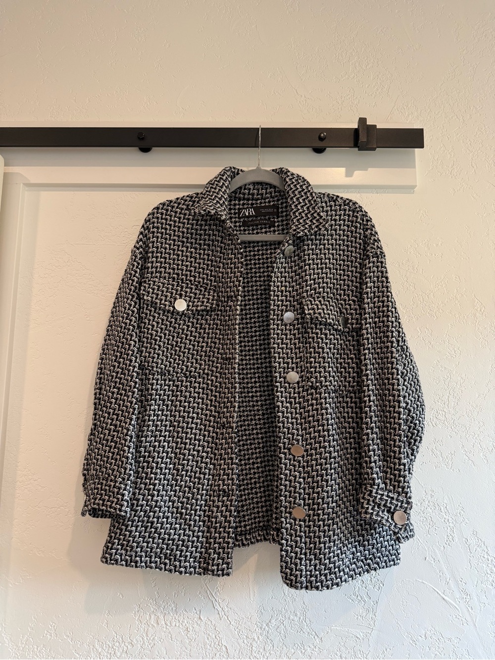 Zara Black and White Knit Shacket with Metal Buttons
